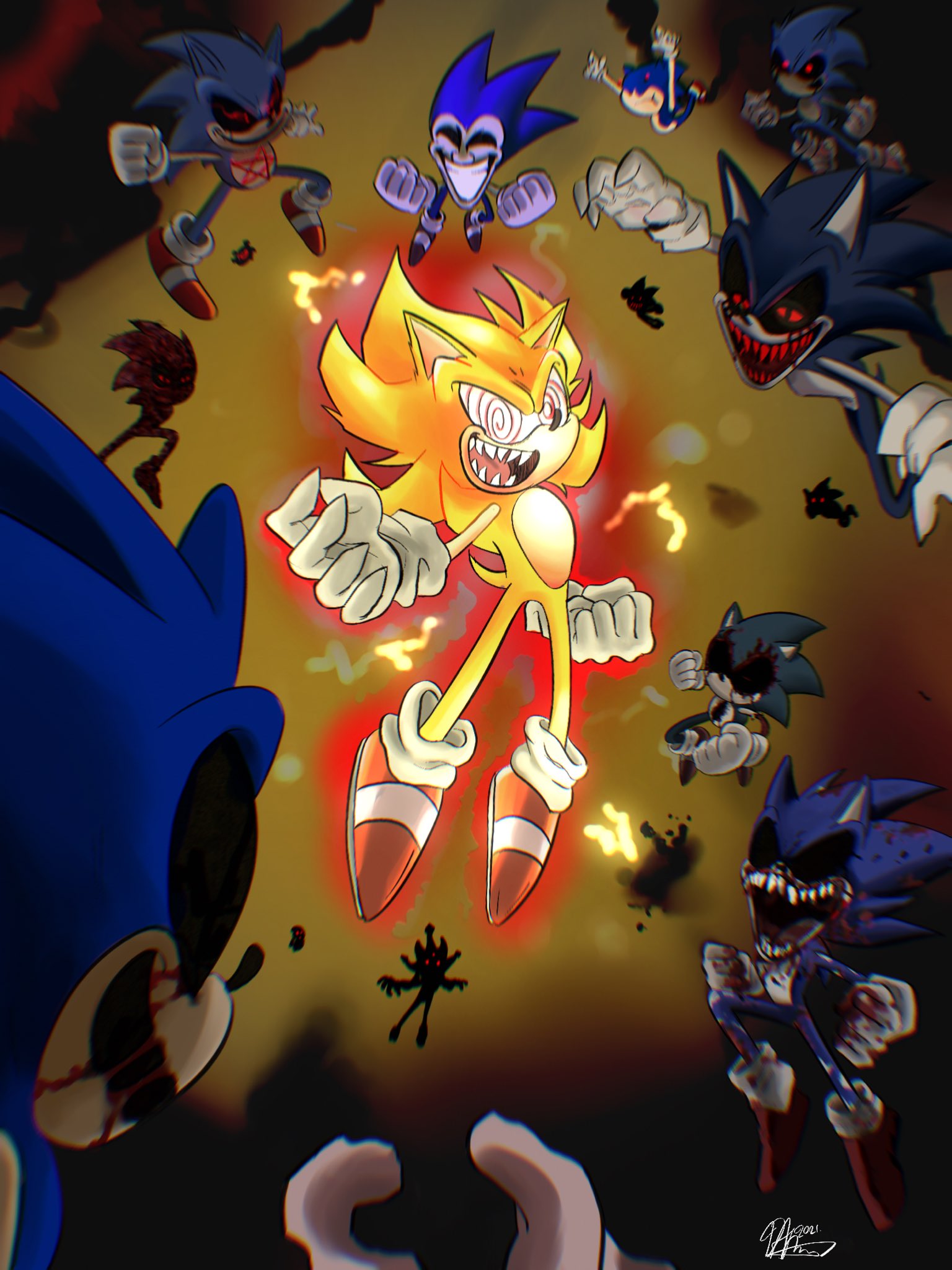 DevArts✏️ (EMERGENCY COMMISSIONS ARE OPEN!) on X: Fleetway Super Sonic vs EXEs (Colored ver.) And yes, Sunky is here. / X
