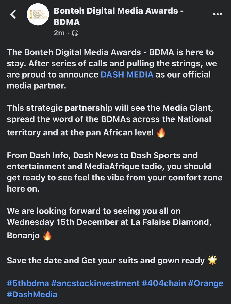 bontehawards's tweet photo. The Bonteh Digital Media Awards - BDMA is here to stay. After series of calls and pulling the strings, we are proud to announce @dashmedianews as our official media partner.
Save the date and Get your suits and gown ready
#5thbdma #ancstockinvestment #404chain #Orange #DashMedia https://t.co/o8mQmdLaov