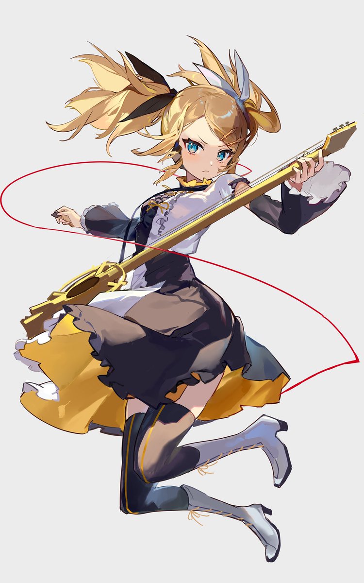 kagamine rin 1girl solo blonde hair instrument thighhighs boots hair ornament  illustration images