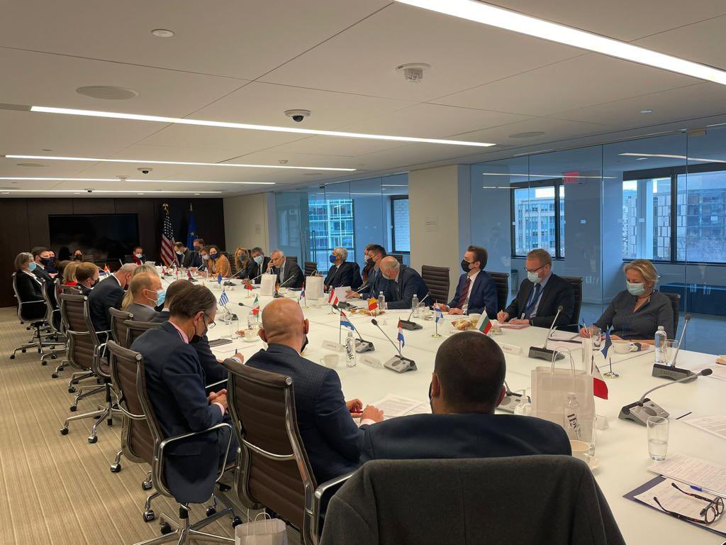 SanninoEU's tweet photo. Debrief with EU27🇪🇺 Ambassadors in DC on an extremely productive mission to the US 🇺🇸. Thanks to @EUAmbUS Lambrinidis, the @EUintheUS and all colleagues involved in making this trip a success. I already look forward to coming back! https://t.co/mngS8GovaS