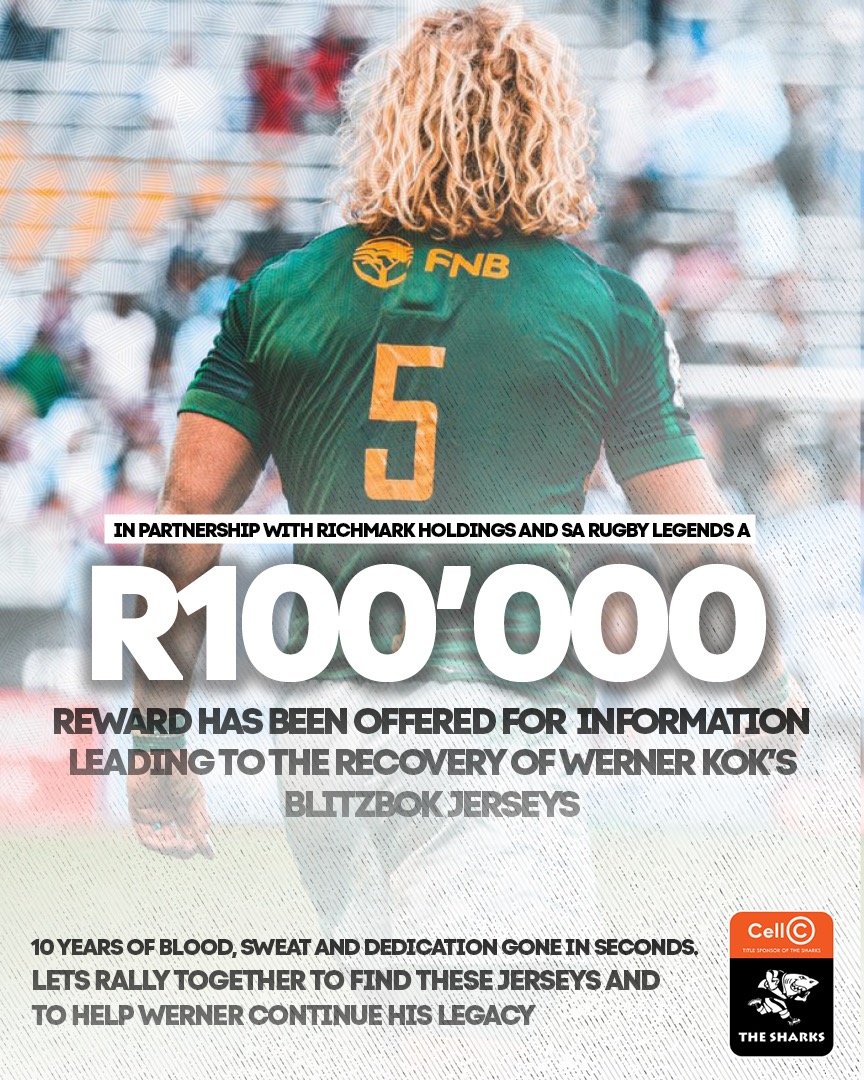 Werner Kok, who donned a Blitzbok jersey for over 10 years has unfortunately had all of his jerseys stolen from a storage unit in Cape Town.

If you have any information, please email info@thesharks.co.za. 

Let’s rally together and get these jerseys back to it’s rightful owner!