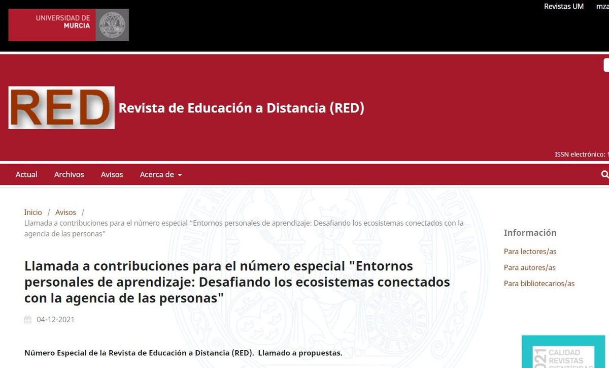 MiguelZapataRos's tweet photo. Llamada a contribuciones de RED para el número especial "Entornos personales de aprendizaje: Desafiando los ecosistemas conectados con la agencia de las personas"
https://t.co/TjnMLHSfRu
#EntornosPersonalesAprendizaje #PersonalLearningEnvironment #PLE https://t.co/FIeglRe4MF