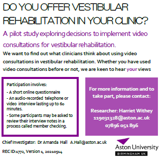 withey_harriet's tweet photo. I'd like to chat with clinicians who have decided 
against implementing video consultations for vestibular rehabilitation or who found implementation challenging #auditoryresearch #audpeeps #vestibular #dizzy #Audiology #physio #vertigo https://t.co/Sngw9kdex1