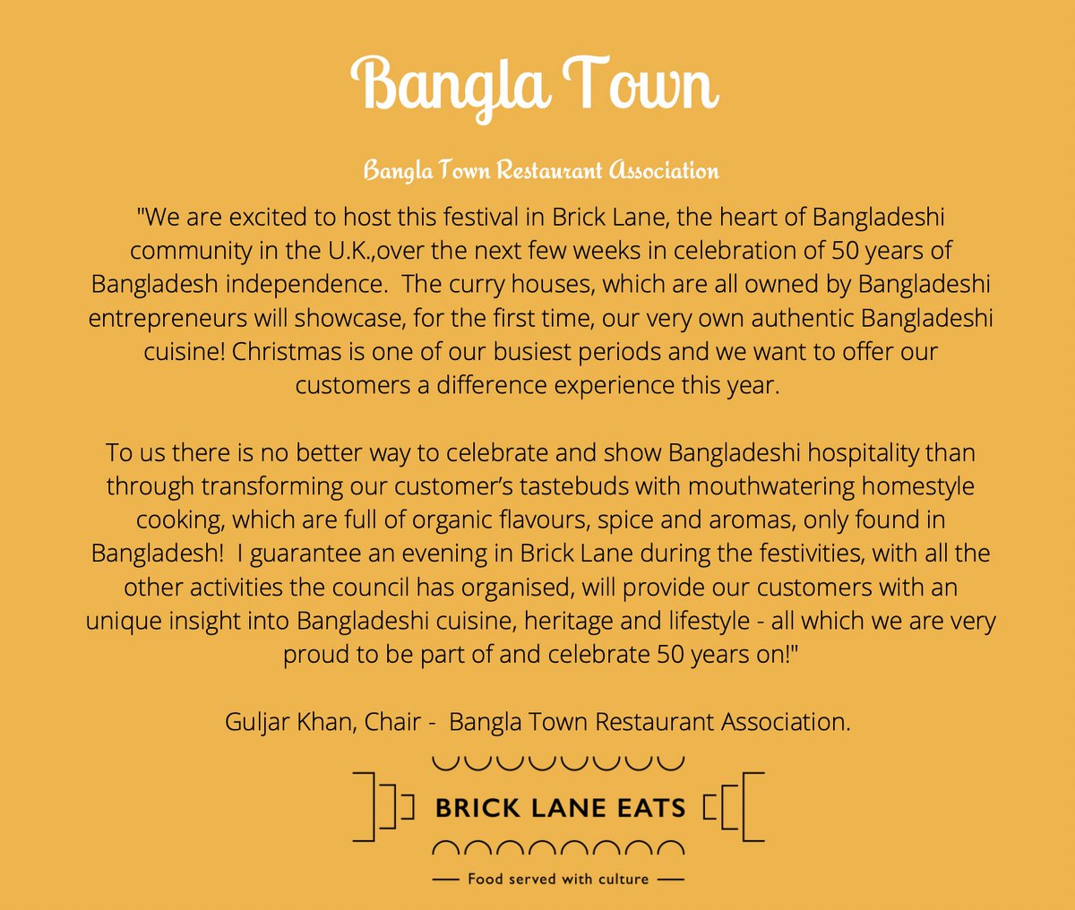 town_bangla's tweet photo. A message from our chair on the launch of the Brick Lane Food Festival. We can't wait for you to come down and sample the best of Bangla culture and cuisine. 

@BrickLaneEats
@TowerHamletsNow
@towerhamletsfc 

@poplarworks @poplarldn_ @brick_lane_food_festival https://t.co/WY8wTOeMri