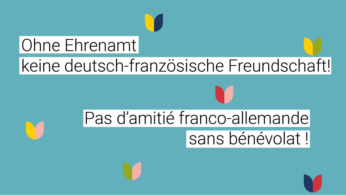 Wir wünschen allen, die sich ehrenamtlich 🇩🇪🇫🇷 engagieren (wollen!), einen schönen #TagdesEhrenamts und sagen DANKE!

À toutes les personnes qui s'engagent bénévolement pour le 🇫🇷🇩🇪, nous leur souhaitons une belle #JournéeMondialeDuBénévolat et leur disons MERCI !