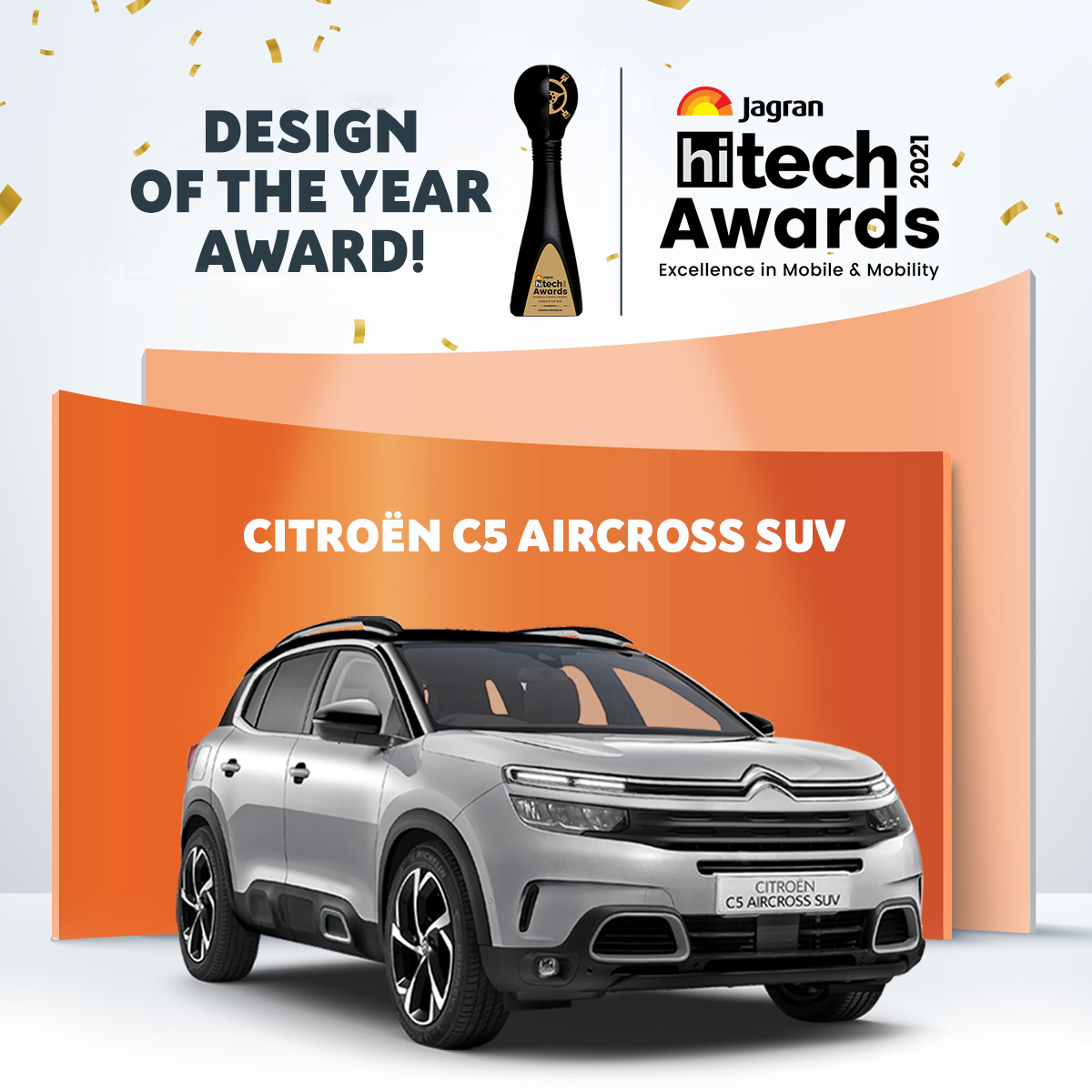 CitroenIndia's tweet photo. We're delighted to announce that the New Citroën C5 Aircross SUV has been conferred with the "Design of the Year Award" at the prestigious #JagranHiTech Awards 2021. Yet another feather in the cap of Citroën India!
#CitroenInIndia #C5AircrossSUV #DesignOfTheYear #Mobility https://t.co/srN0buUYhu