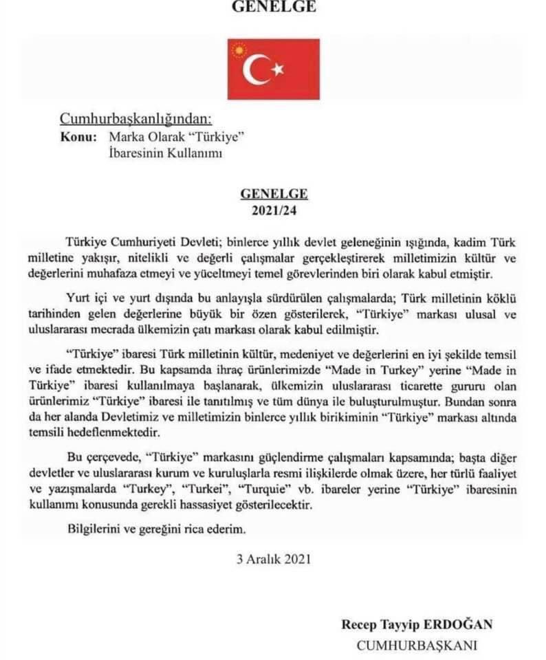 Cumhurbaşkanımız Sn. <a href="/RTErdogan/">Recep Tayyip Erdoğan</a>’ın imzaladığı genelge ile başta diğer devletler olmak üzere tüm uluslararası kurum ve kuruluşlarla gerçekleşen her türlü faaliyet ve yazışmalarda bundan sonra “Türkiye” ifadesi kullanılacak.
Hayırlı olsun. 🇹🇷🇹🇷🇹🇷