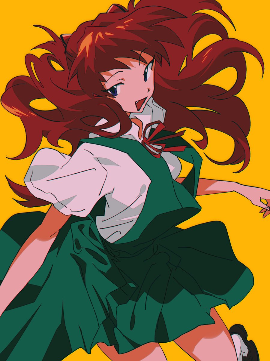 souryuu asuka langley 1girl solo tokyo-3 middle school uniform school uniform long hair simple background yellow background  illustration images