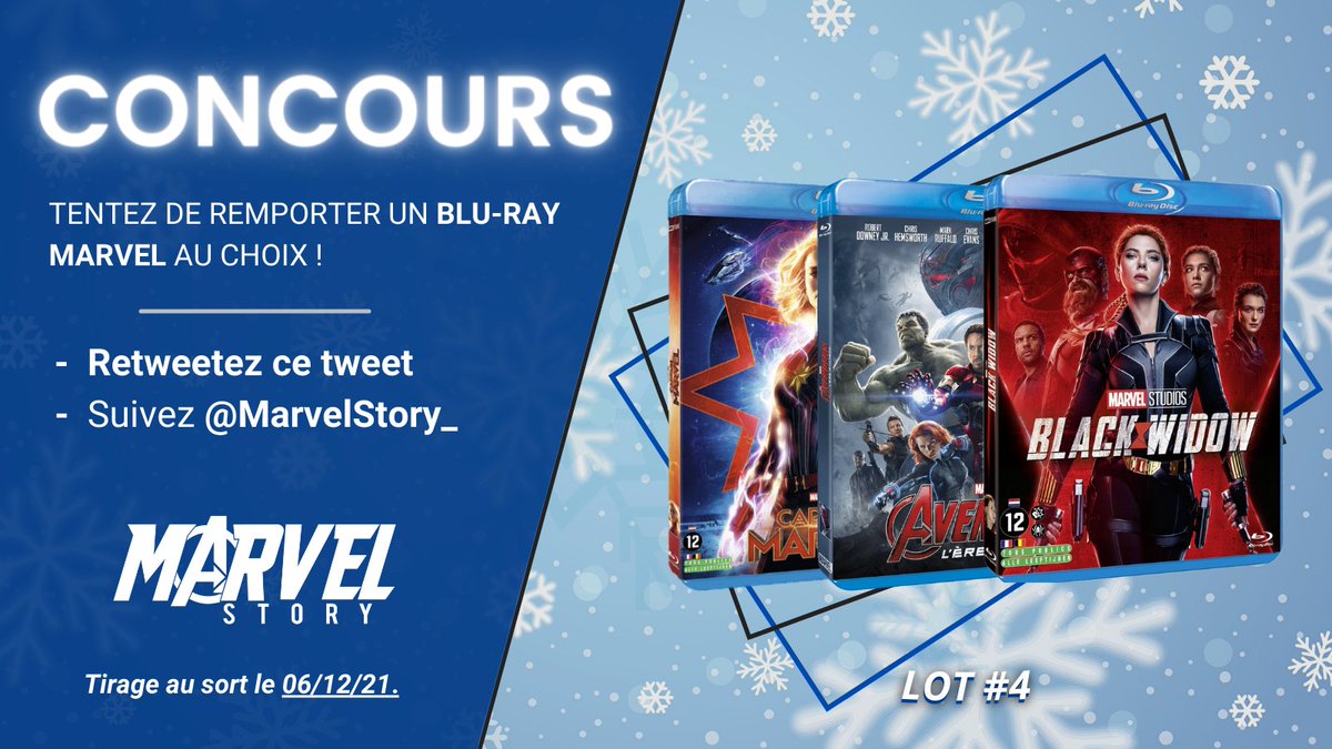 MarvelStory_'s tweet photo. 🎁 CONCOURS #4 🎁

Lors de ce quatrième jour, tentez de remporter un blu-ray Marvel au choix !

✅ Follow @MarvelStory_
✅ Retweetez ce tweet

N'hésitez pas à participer sur Instagram pour doubler vos chances ! Tirage au sort dans deux jours, soit lundi 6 décembre ! https://t.co/NRq7grlNMs