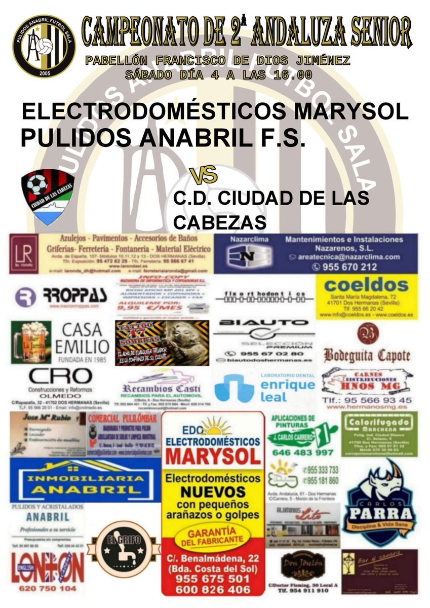 ⚽📣 Día de partido hoy a las 16:00 h nuestro equipo senior se enfrenta a la Ciudad de Las Cabezas FS. 

En un crucial partido para mantenernos en la parte alta de la clasificación, más que nunca necesitamos el apoyo de todos los futsaleros de nuestra ciudad. 
 Os esperamos. 🆙