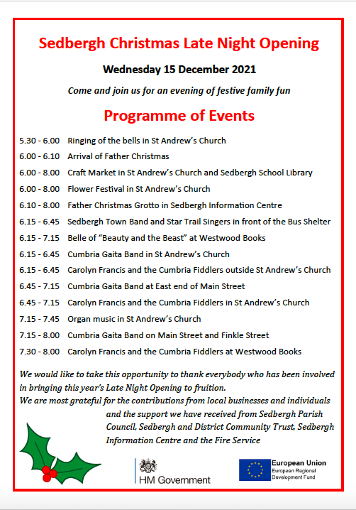 Come and join us in Sedbergh for late night opening 
15th December 

Enjoy a packed evening of music, festivities and shopping!

Click for full info below 👇