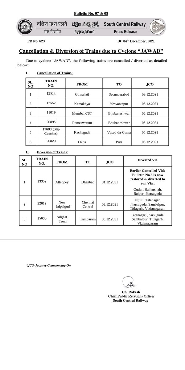 Bulletin No. 07 & 08 'Cancellation & Diversion of Trains due to Cyclone “JAWAD” #JawadCyclone #TrainUpdates @VijayawadaSCR