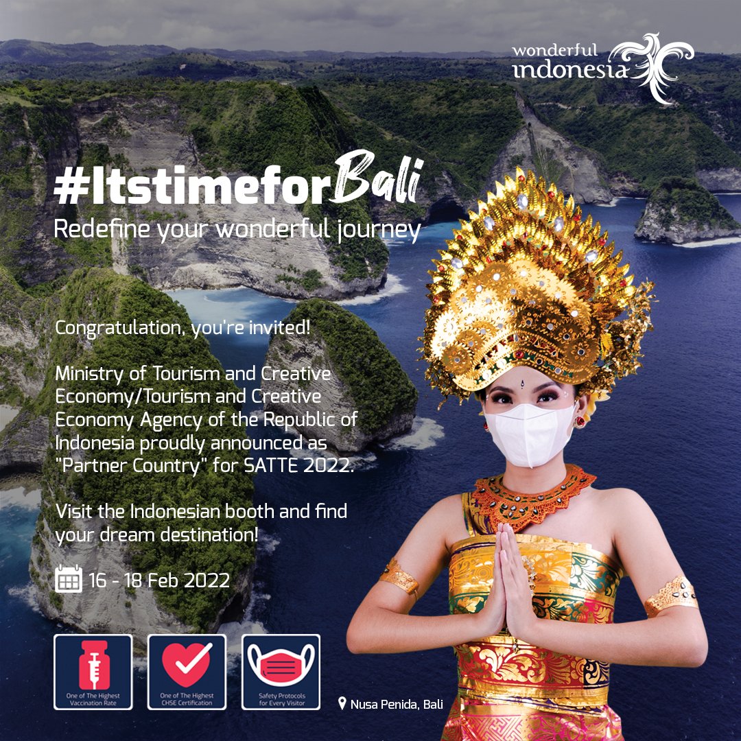 SATTE_India's tweet photo. SATTE is proud to welcome our partner country Indonesia, for face-to-face at SATTE 2022.
Visitor's Registration is Live Now! Register: https://t.co/bhUmrr3iT3
@to_indonesia
#InformaAllSecure #YourSafetyOurPriority #SATTE #SATTE2021 #indonesiatravel #ItstimeforBali #bali https://t.co/5nF3kabSSe