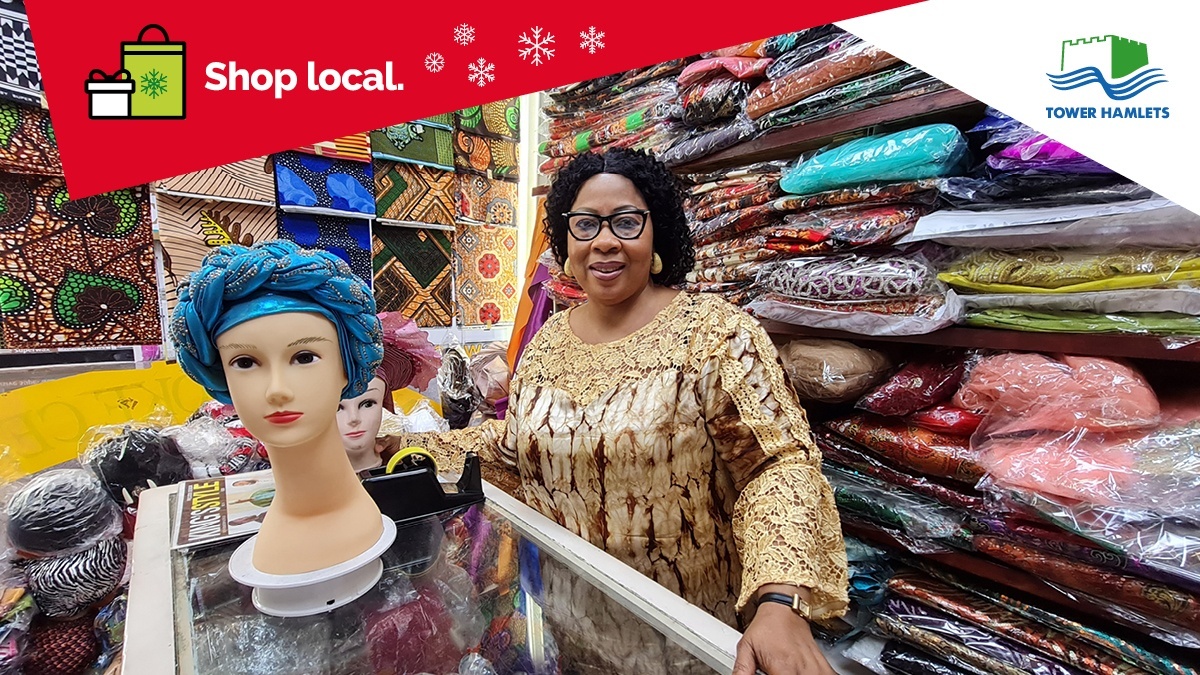 TowerHamletsNow's tweet photo. Another shout out for a local business in #TowerHamlets on #SmallBizSatUK! Francesca has run Vina Textiles in Wentworth St for over 26 years, selling a range of Afro-Caribbean fabrics, head scarves, embroideries and laces. Perfect for the party season! #shoplocal #WelcomeBackTH https://t.co/BCnOB53A9P
