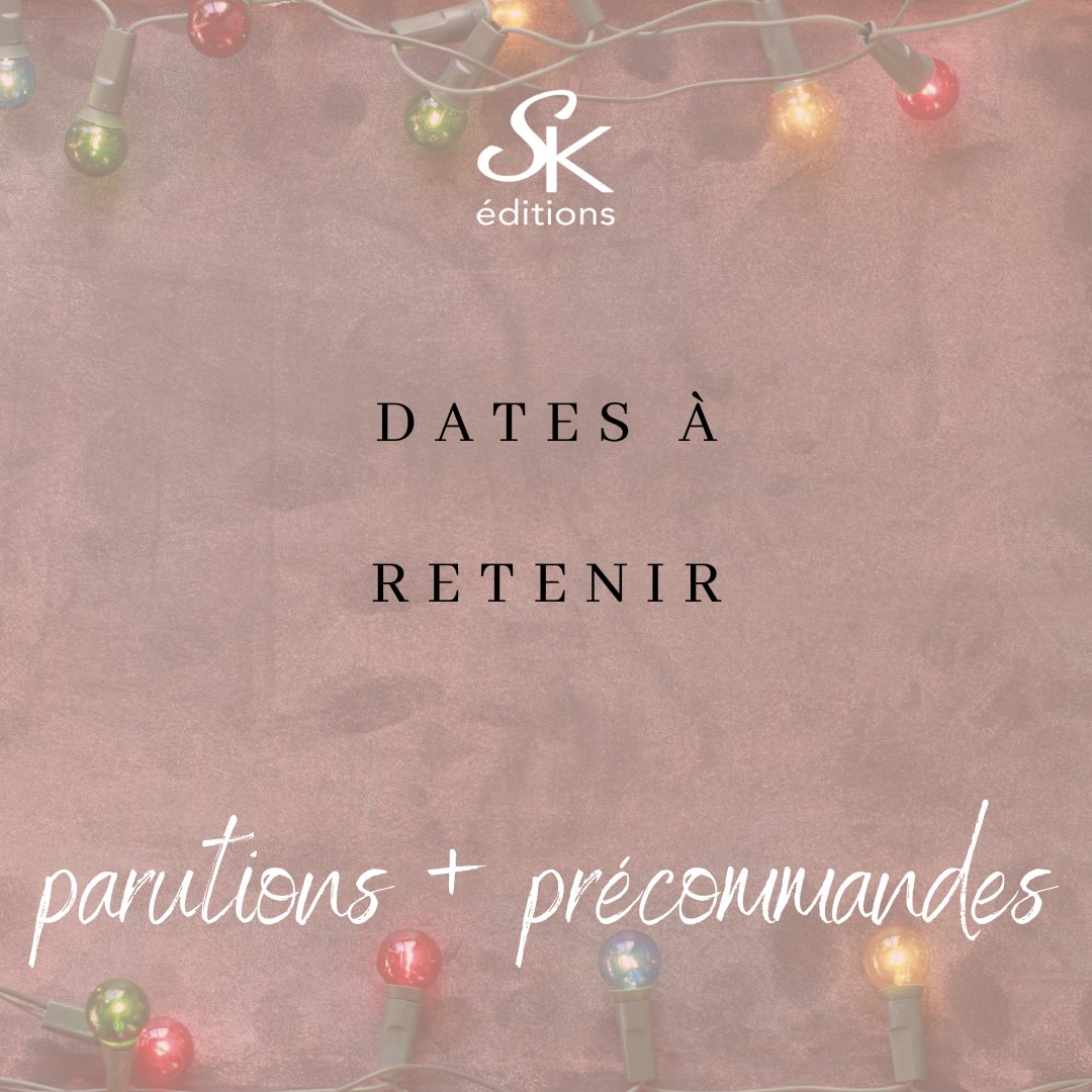 - Le 6, 8 et 10 décembre : ouverture des précommandes de nos parutions de janvier
- Le 21 : nos parutions :
* Black Devils 6 de Pierrette et Aurélie Lavallée
* Un Noël pas comme les autres de Angie L. Deryckère
* Captifs 2 de Claudie J. Martin
#skeditions #précommandes #parutions