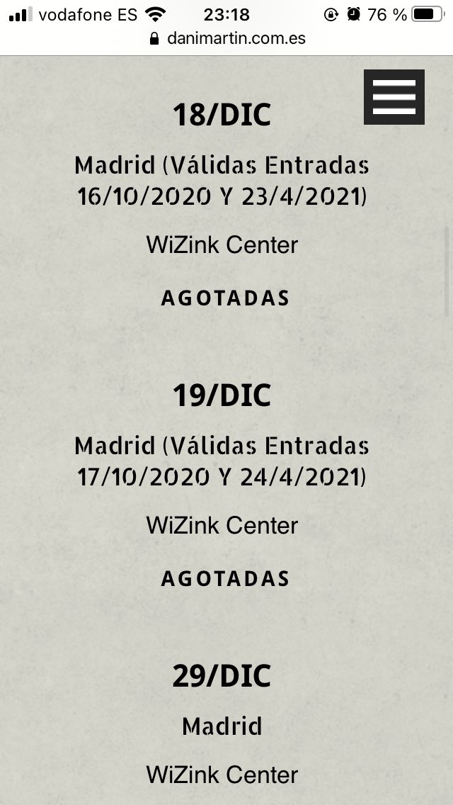 Se cambian 3 entradas para el concierto de Dani Martín en Madrid el día 18 de diciembre, por otras  para el 19 o el 29 de diciembre. 
Son de pista. 
Se agradece difusión <3.