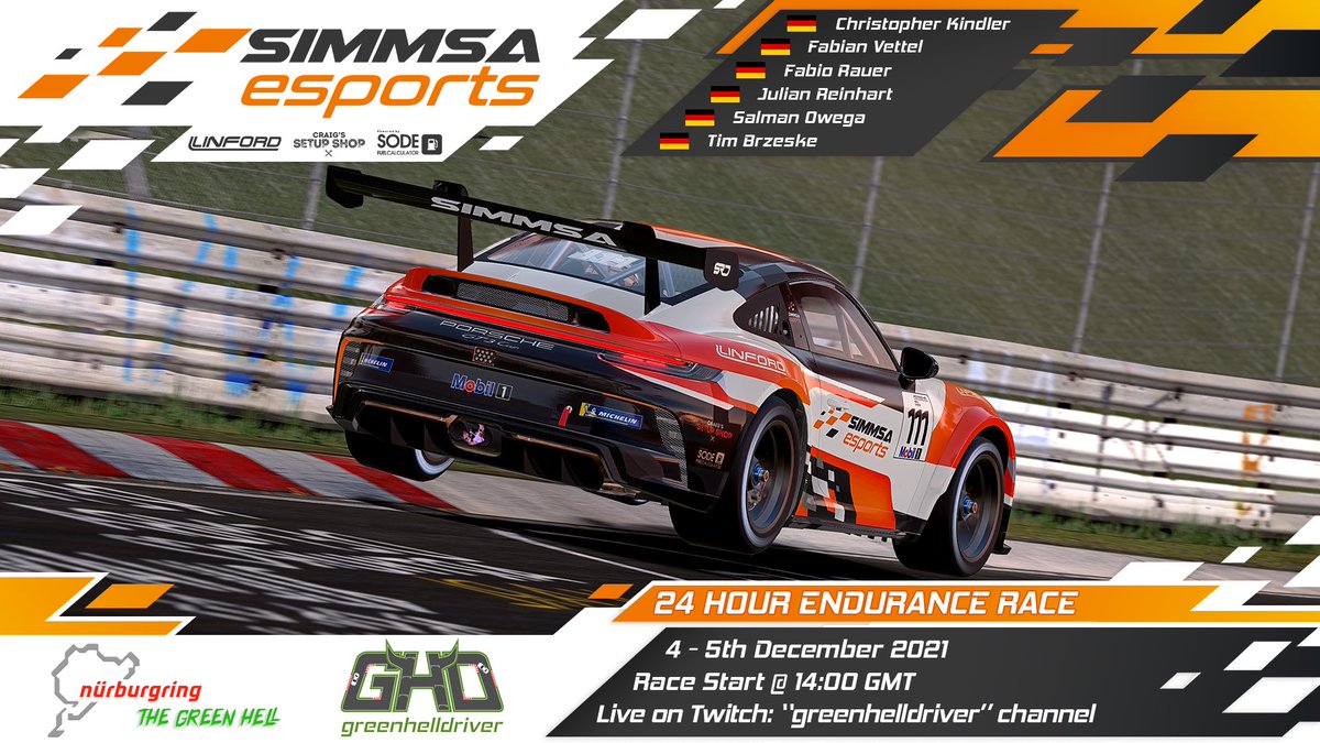 We have a 24 hour endurance race today on the Nordschleife in our Porsche 911 GT3 Cup (992).

Event is “Greenhelldriver &amp; Friends 24H NOS”

#111
Christopher Kindler 🇩🇪 
Fabian Vettel 🇩🇪 
Fabio Rauer 🇩🇪 
Julian Reinhart 🇩🇪 
Salman Owega 🇩🇪 
Tim Brzeske 🇩🇪 

#simracing #NOS #GHD