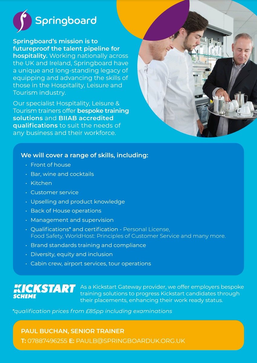 Andybisc's tweet photo. With so many hospitality companies worried about their onboarding process, and the lack of time they can devote to thorough induction training, guidance and retention, why not look at  Springboard UK's training programmes that can be bespoke fit to the needs of your business. https://t.co/fKEjtQKmjL