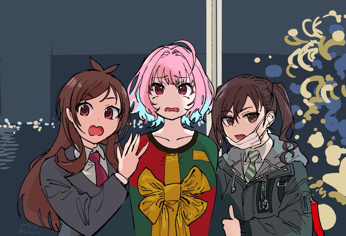sunazuka akira ,yumemi riamu multiple girls 3girls brown hair necktie pink hair sharp teeth antenna hair  illustration images