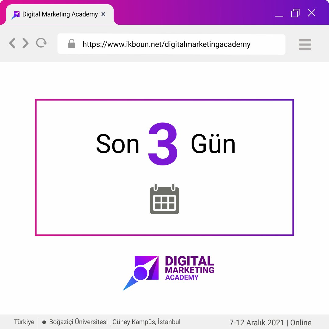 SON 3 GÜN! Boğaziçi Üniversitesi Digital Marketing Academy’de dijital pazarlama dünyasının kapılarını aralamaya 3 gün kaldı.
Biletler: biletino.com/tr/e-dpa/bogaz…
.
#seo #google #instagram #youtube #boğaziçiüniversitesi #bogaziciuniversity #digitalmarketing  #pazarlama #marketing