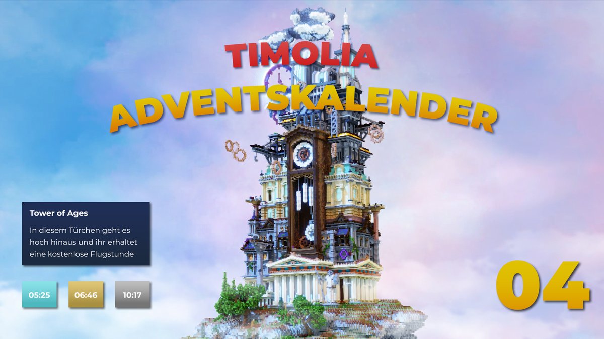 TimoliaTeam's tweet image. 🚪 TÜRCHEN 4 🚪

Beim Erklimmen des 'Tower of Ages' geht es für euch heute hochhinaus! 👆

Außerdem erwartet euch eine kostenlose Flugstunde! Mit ein bisschen Übung schafft ihr es bestimmt graziös ins Ziel zu fliegen! 🦋
