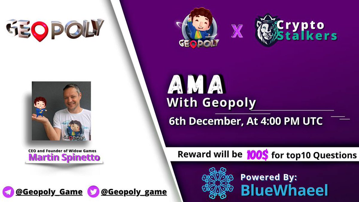Zain_Onchain's tweet photo. 📢 We're thrilled to announce #AMA with @Geopoly_Game on 6th dec at 4:00 PM UTC
Powered:@BluewheelC 
💰 Reward: 100$
📍 Venue: https://t.co/4koyOUE3q5
〽️ Rules:
✅ Follow @StalkersCrypto &amp; @xmasshiba @BluewheelC 
✅ Like &amp; RT
✅ Comment Questions &amp; Tag 3 Friends with BEP20 Addres https://t.co/jw4xX5HAJa