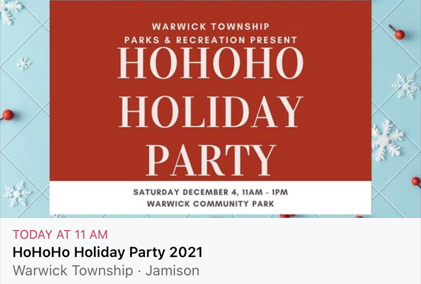 The HoHoHo Holiday Party will be held today 11AM - 1PM, at Warwick Community Park, 1733 Township Greene, Jamison, PA.
 
#warwickbucks #community #holidayevents
