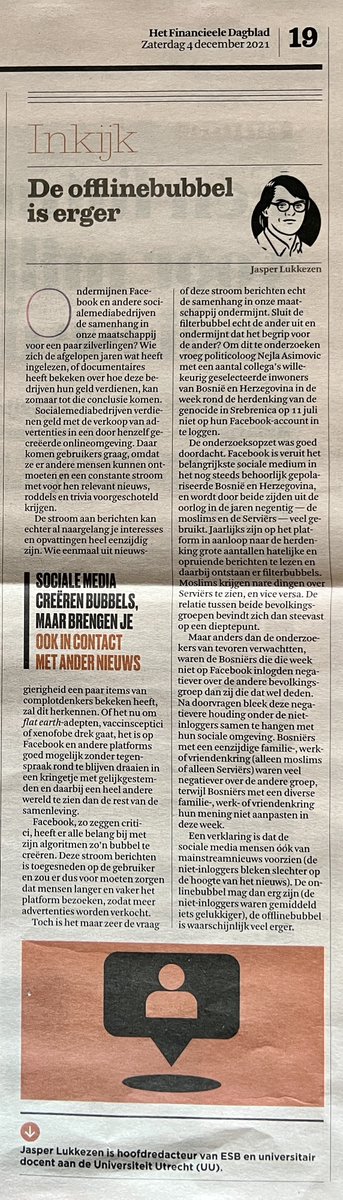 marcoderksen's tweet photo. "De onlinebubbel mag dan erg zijn, de offlinebubbel is waarschijnlijk veel erger." Interessante stelling van Jasper Lukkezen in #fd #socialmeda #filterbubbel https://t.co/K5fSVAqPff https://t.co/WEF1nREt1G