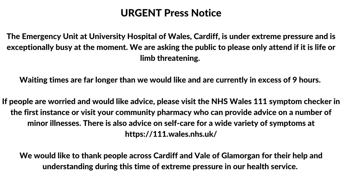 The Emergency Unit at University Hospital of Wales, Cardiff, is under extreme pressure and is exceptionally busy at the moment. We are asking the public to please only attend if it is life or limb threatening. Online advice is available: orlo.uk/FgKFB

<a href="/WelshAmbulance/">Welsh Ambulance</a>