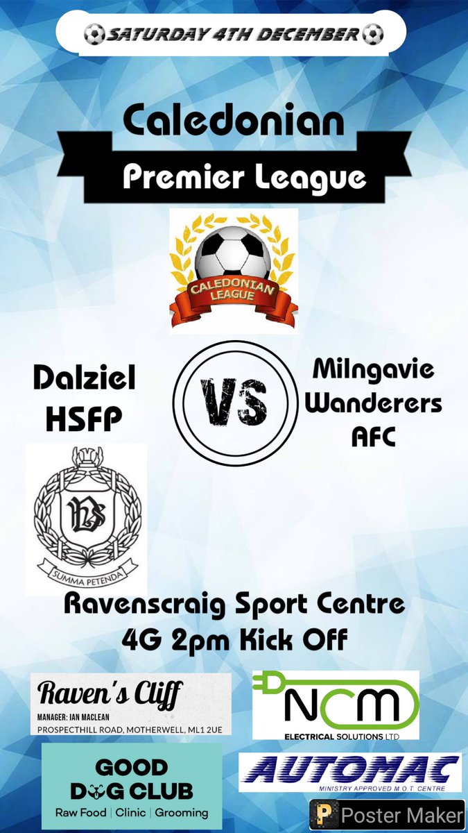Dalziel Football (@dalzielfootball) on Twitter photo ⚽️Saturday 4th December⚽️
Home game against Milngavie Wanderers this weekend in the Caledonian Premier League 🏆 Huge game for both sides ⚽️👌💪
⚽ - <a href="/MilngavieW/">Milngavie Wanderers</a>
🏆 - <a href="/CaledonianAFA/">CaledonianLeague</a> Prem League
📍 - Ravenscraig 4G Pitch
📅 - 04/12/21
⏰ - 2pm KO
<a href="/Scottish_AFF/">AmateurFixturesResultsSCO</a> <a href="/ProAmFootball/">Pro-Am Football News</a> ⚽️Saturday 4th December⚽️
Home game against Milngavie Wanderers this weekend in the Caledonian Premier League 🏆 Huge game for both sides ⚽️👌💪
⚽ - <a href="/MilngavieW/">Milngavie Wanderers</a>
🏆 - <a href="/CaledonianAFA/">CaledonianLeague</a> Prem League
📍 - Ravenscraig 4G Pitch
📅 - 04/12/21
⏰ - 2pm KO
<a href="/Scottish_AFF/">AmateurFixturesResultsSCO</a> <a href="/ProAmFootball/">Pro-Am Football News</a>