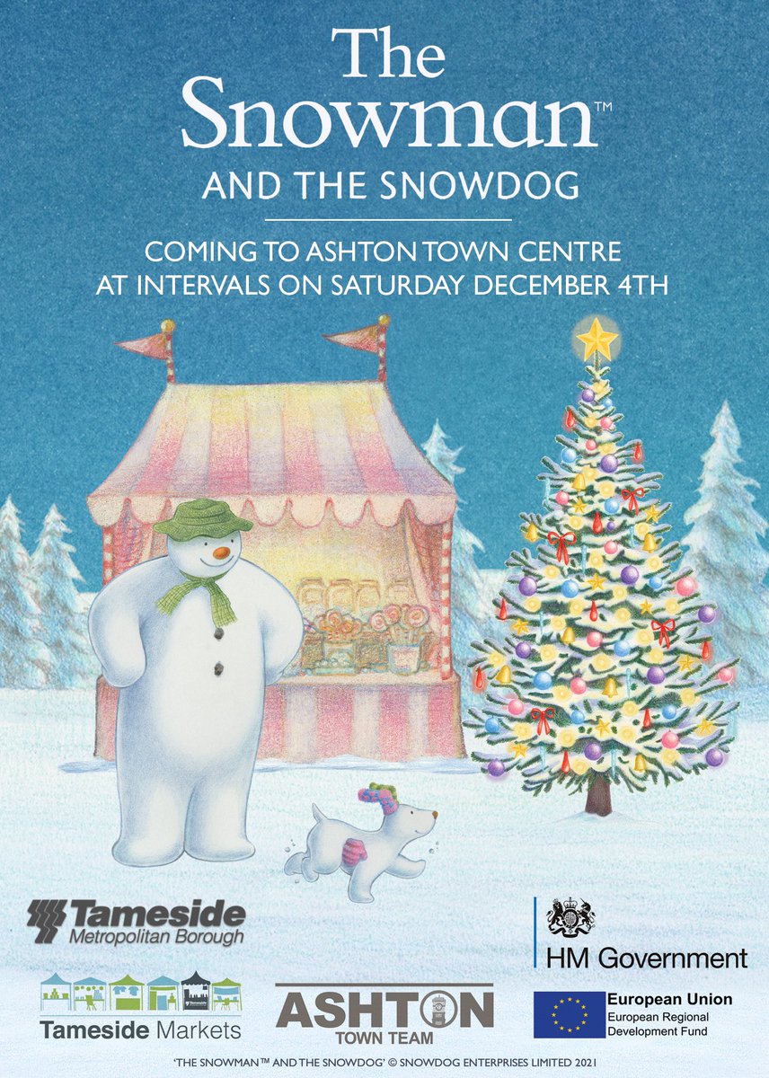 TamesideMarkets's tweet photo. The Snowman &amp; Snowdog are visiting Ashton Town Centre today.Due to the heavy rain, the Snowman &amp; Snowdog are located inside Ashton Market Hall at stall 16 opposite Mobile Revolution Visit them at the following intervals

11.00-11.40
12.00-12.30
12.50-13.30
14.00-14.40
15.00-15.40 https://t.co/zmYn90gYop