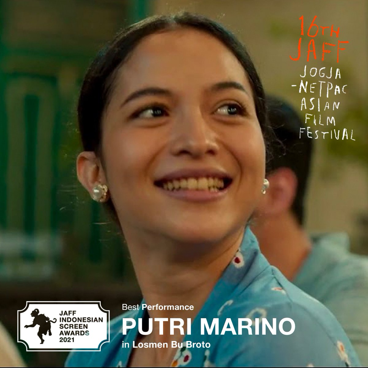 JAFFJogja's tweet photo. JAFF Indonesian Screen Awards for Best Performance is awarded to Putri Marino in Losmen Bu Broto (2021). Congratulations! 🎭✨ https://t.co/NdItWkPu2j