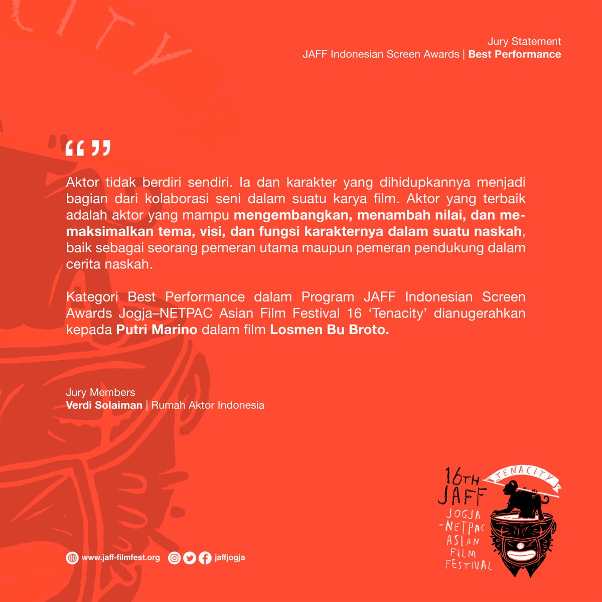JAFFJogja's tweet photo. JAFF Indonesian Screen Awards for Best Performance is awarded to Putri Marino in Losmen Bu Broto (2021). Congratulations! 🎭✨ https://t.co/NdItWkPu2j