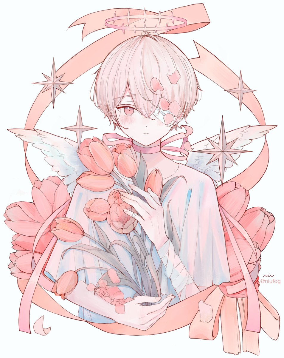 1boy male focus flower halo wings angel wings angel  illustration images