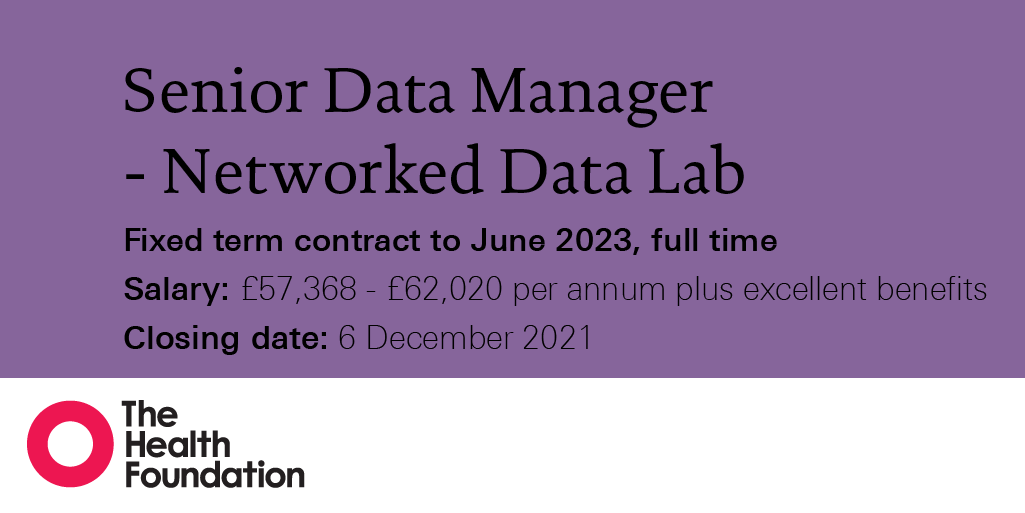 HealthFdn's tweet photo. CLOSING SOON⏰: We are looking for a Senior Data Manager to work collaboratively with colleagues to support an ambitious programme of data analytics and data curation and standardisation.
➡️ https://t.co/YPZahzERYF
#CharityJobs | #DataManagerJobs | #NetworkedDataLab https://t.co/yr8DupKxH4