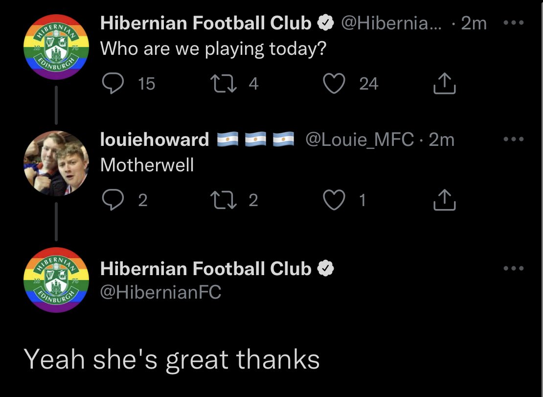 Hi <a href="/HibernianFC/">Hibernian Football Club</a>,

We’ve got 1998 on the phone asking for their patter back.

Cheers,
Everyone.