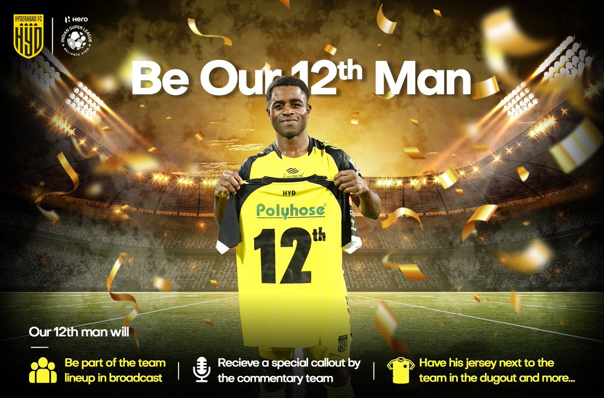 HydFCOfficial's tweet photo. 🤩 𝗧𝗵𝗶𝘀 𝗰𝗼𝘂𝗹𝗱 𝗯𝗲 𝘆𝗼𝘂!
Here's your chance to get closer to @IndSuperLeague action and be our 12th man!
𝐑𝐮𝐥𝐞𝐬
• Follow us on Twitter
• Quote Tweet this tweet and tell us why you love HFC
• Tag 3⃣ friends in the replies to enter the contest
#HyderabadFC https://t.co/0flK41AsIh