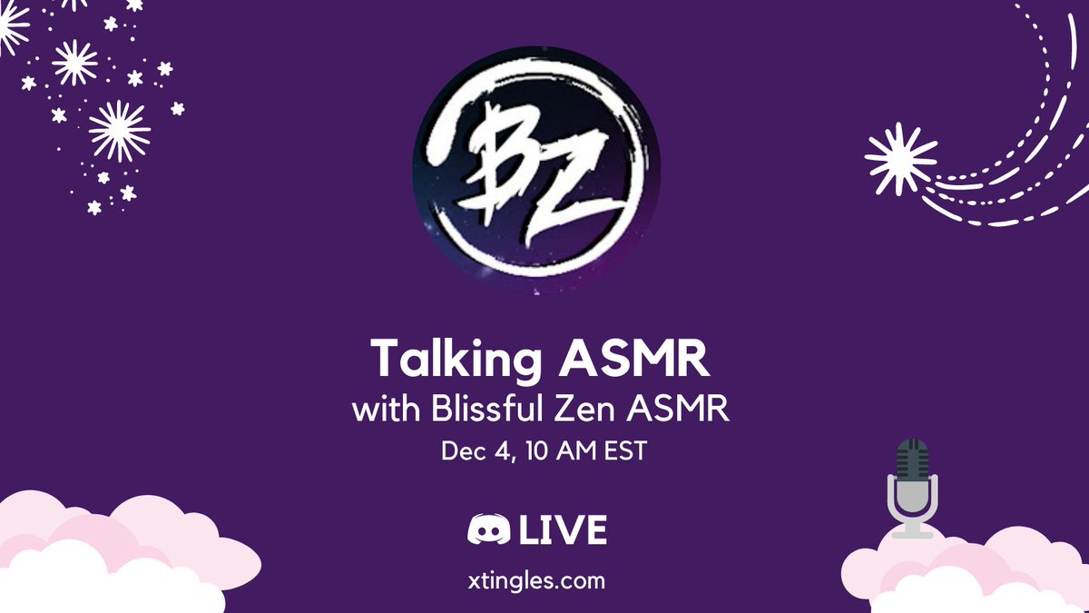 xtinglescom's tweet photo. Blissful Zen ASMR is a channel where you will find all kinds of ASMR; from gentle and soft to fast and chaotic to hit all the needed tingle points.
Join us as today we have an interview with this talented artist
Time: Dec 4th, 10 AM EST
@blissfulzenasmr
#asmr #asmrtalks https://t.co/rXVRXwSCiP