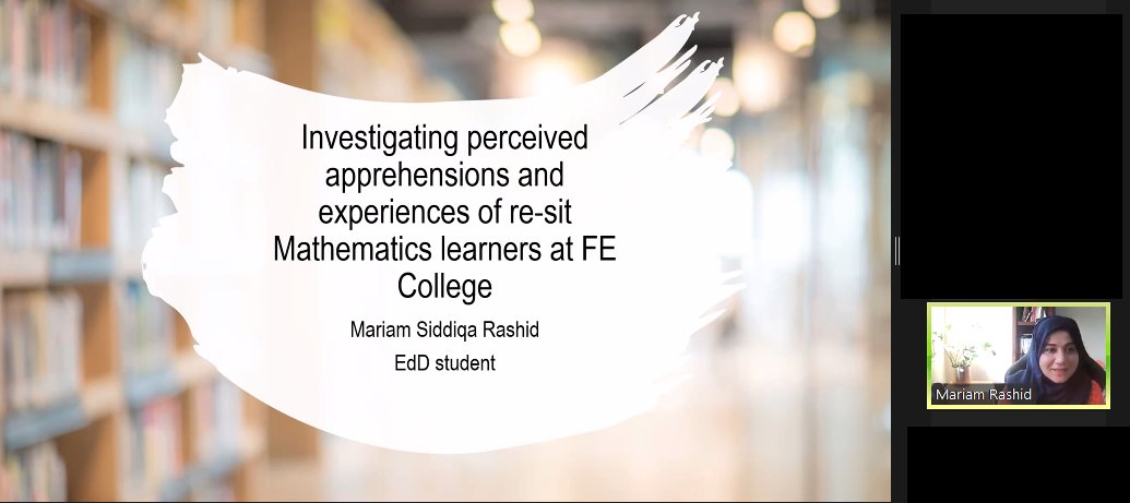 NatthapojVinceT's tweet photo. A nice example of practitioner-research by @mariamsiddiqa21 talking about her on-going study on perceived apprehensions of re-sit Mathematics learners at FE college at @BERANews's 2021 Practitioner Research in Mathematics Education (PRiME) event #BERAMathEd @colinfoster77 https://t.co/ySMlYaFqgH