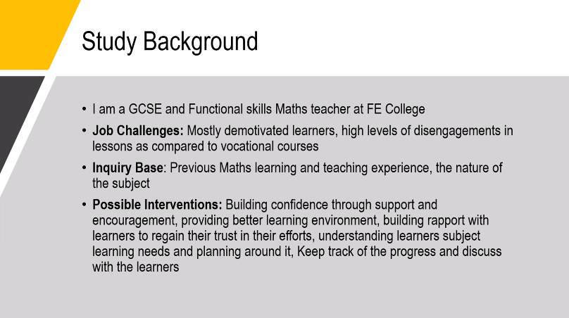NatthapojVinceT's tweet photo. A nice example of practitioner-research by @mariamsiddiqa21 talking about her on-going study on perceived apprehensions of re-sit Mathematics learners at FE college at @BERANews's 2021 Practitioner Research in Mathematics Education (PRiME) event #BERAMathEd @colinfoster77 https://t.co/ySMlYaFqgH