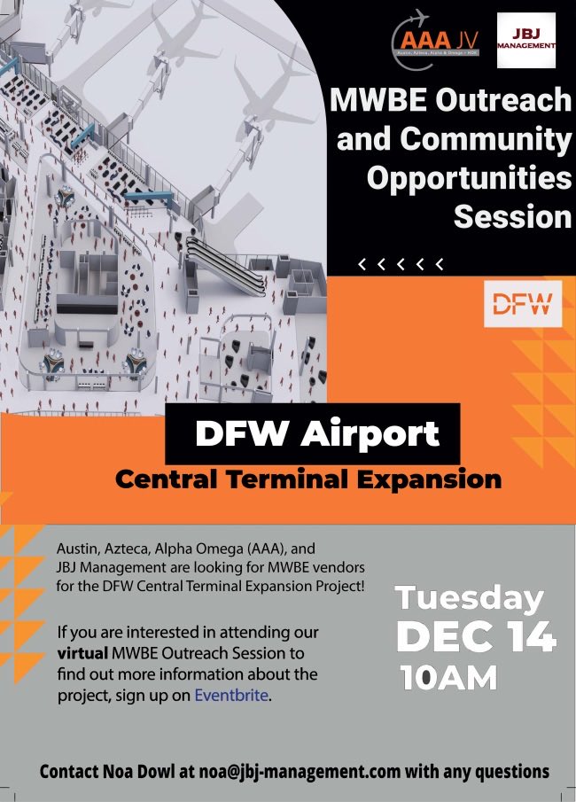 JBJ Management encourages all business owners to participate, especially small &amp; minority owned firms. ⁦<a href="/DFWAirport/">DFW Airport</a>⁩ ⁦<a href="/Johnson4Dallas/">Mayor Eric L. Johnson</a>⁩ ⁦<a href="/RepEBJ/">Rep. Eddie Bernice Johnson</a>⁩ ⁦<a href="/RBCADFW/">Regional Black Contractors Association</a>⁩ ⁦<a href="/RafaelAnchia/">Rafael Anchía</a>⁩ ⁦<a href="/Domingotexas/">Domingo Garcia</a>⁩ ⁦<a href="/DominDALLAS/">Dallas Domin</a>⁩ ⁦<a href="/DRC/">Dallas Regional Chamber</a>⁩