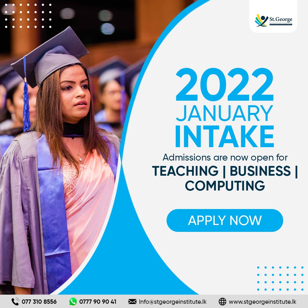 stgeorgelk's tweet photo. 𝐑𝐞𝐢𝐧𝐯𝐞𝐬𝐭 𝐲𝐨𝐮𝐫𝐬𝐞𝐥𝐟 𝐰𝐢𝐭𝐡 𝐮𝐬! 🎓
Admissions are open for January intake 2022!
𝐓𝐄𝐀𝐂𝐇𝐈𝐍𝐆 | 𝐁𝐔𝐒𝐈𝐍𝐄𝐒𝐒 | 𝐂𝐎𝐌𝐏𝐔𝐓𝐈𝐍𝐆
☑️ Foundation 
☑️ Undergraduate 
☑️ Postgraduate programs
📲 077 310 85 56 | 0777 90 90 41
💻 https://t.co/6oZrgOSNLz https://t.co/9O5mFFwelU