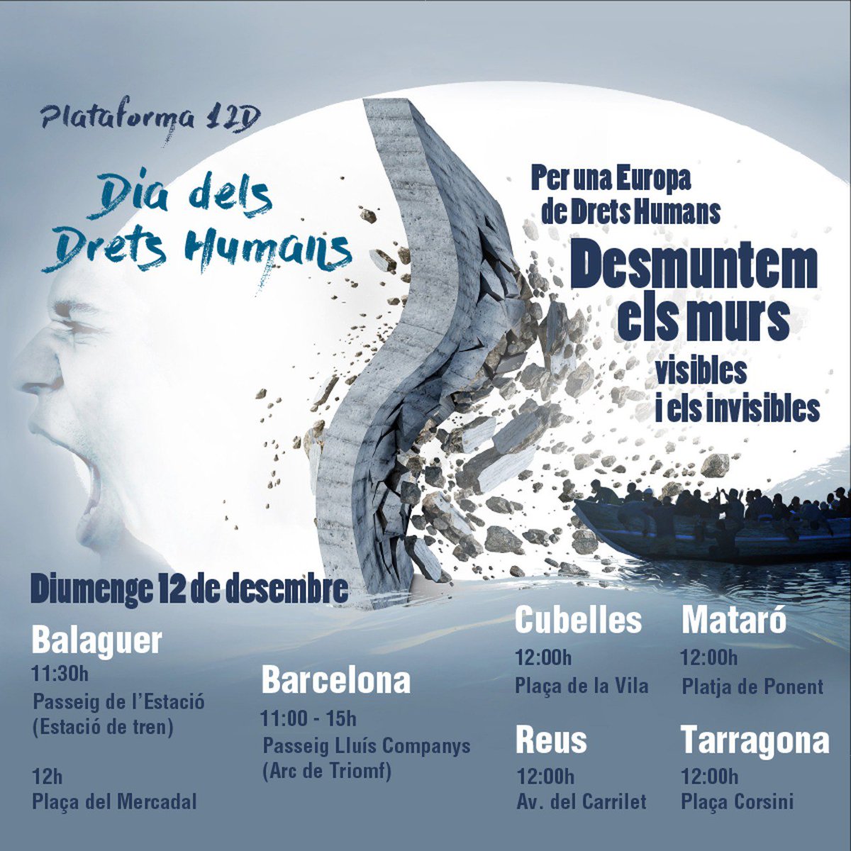 Enguany sortim de nou al carrer el 12 D perquè continuem dient alt i clar: prou a l’Europa fortalesa que vulnera dia rere dia els Drets Humans. 
Per una Europa de Drets Humans, desmuntem els murs visibles i els invisibles. #ProuMurs