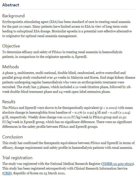 ASPNeph's tweet photo. A multicentre, multi-national, double-blind, randomised, active-controlled, parallel-group clinical study to assess the safety and efficacy of PDA10 (#Epoetin-alpha) vs. #Eprex® in patients with #anaemia of chronic renal failure. #RCT #CKD @BioMedCentral 
https://t.co/MvOtBDVDFQ https://t.co/otnCCVx4v6