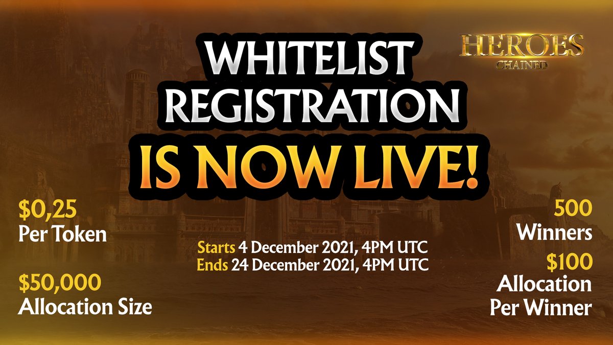 ⚔️ Heroes of Ventuna ⚔️ Whitelist registration for private sale is live now! Registration period: 📆 04.12.2021 - 24.12.2021 ⏰ 4 PM UTC Don't forget to jump in gleam.io/MjJCn/heroes-c… Whitelist will be announced on 25.12.2021. 💰 #PrivateSale #GameFi #HeroesChained
