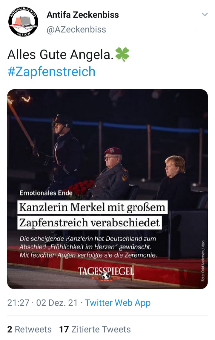 »Ein Faschist, der nichts ist als ein Faschist, ist ein Faschist. Ein Antifaschist, der nichts ist als ein Antifaschist, ist kein Antifaschist«
(Erich Fried)

Wer #Merkel alles gute zum #Zapfenstreich wünscht, hat die Kontrolle über sein Leben verloren.

👉instagram.com/p/CXEXGCss58A/…