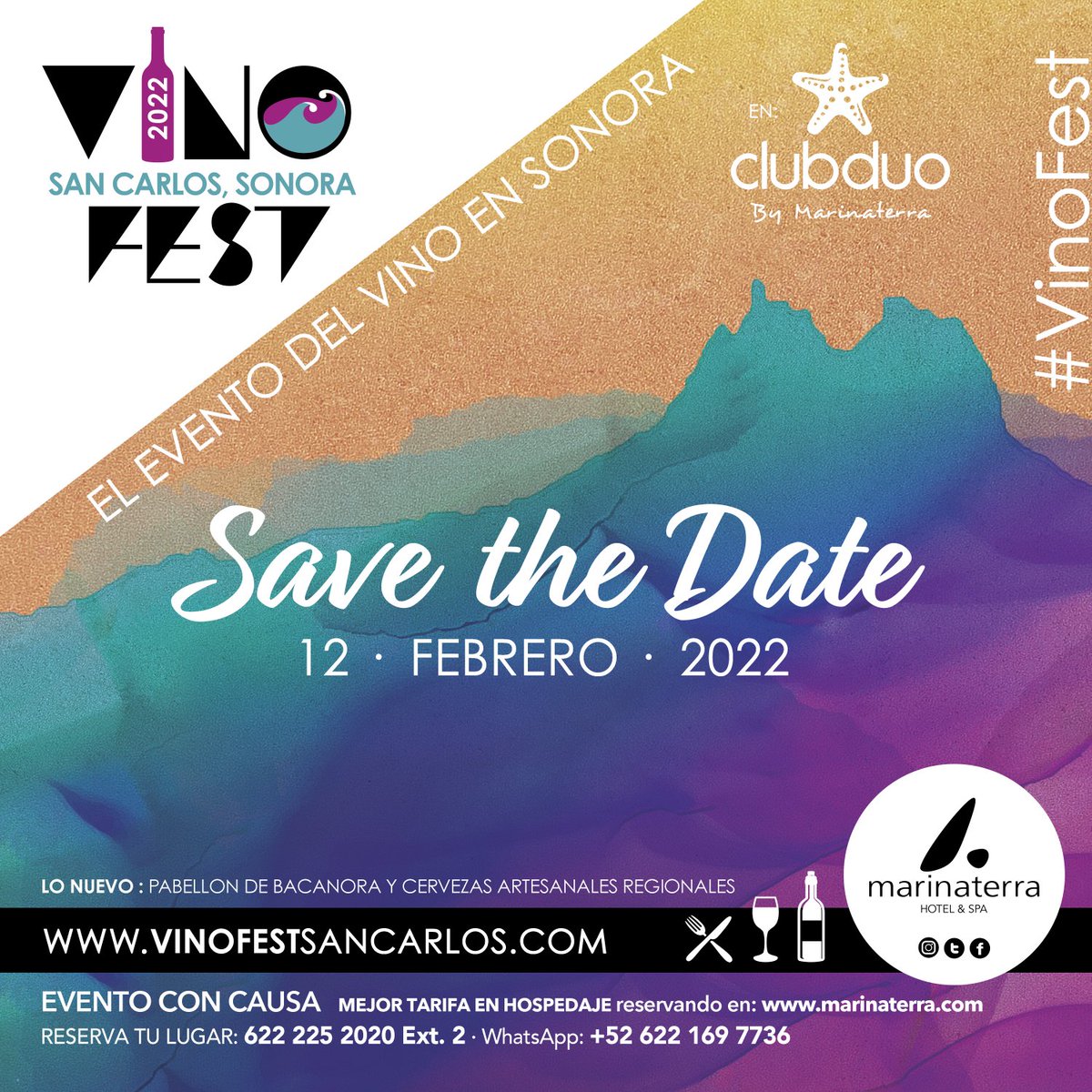 SAVE THE DATE - 12 de Febrero 2022
- VinoFest San Carlos - ¡El evento del #VINO en Sonora! 🍷

LO NUEVO: Pabellón de Bacanora y cervezas artesanales regionales.

#VinoFest
Evento con causa

Reserva tu lugar:
📞 (622) 225 2020 ext. 2
📱 Wsp: (622) 169 7736
marinaterra.com