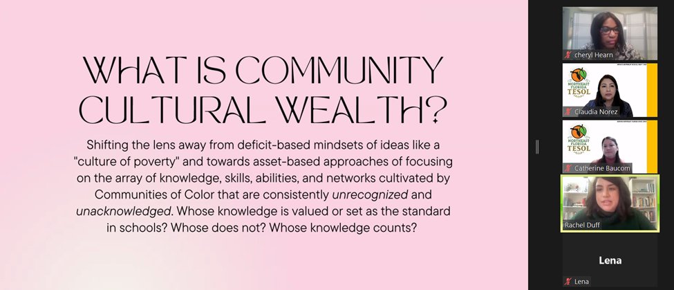 NefTesol's tweet photo. Thank you Rachel Duff for presenting, Identifying &amp; Engaging Community Cultural Wealth Among Linguistically Diverse Population: An Asset-Based Approach! How do you see the capital (aspiration, family, social, cultural, linguistic, resistant, navigation) of the MLLs you work with? https://t.co/WPtyDAxzHP