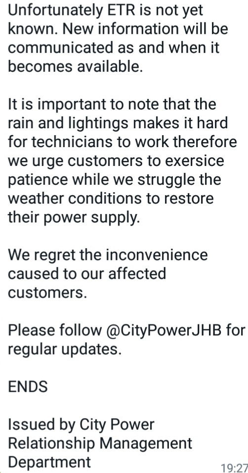 CityPowerJhb's tweet photo. #EMERGENCYOUTAGE
#Tshepisong
City Power pologises to the residents of Tshepisong following an emergency maintenance outage that occurred in the area. 👇^HN https://t.co/R3mPuMl56e