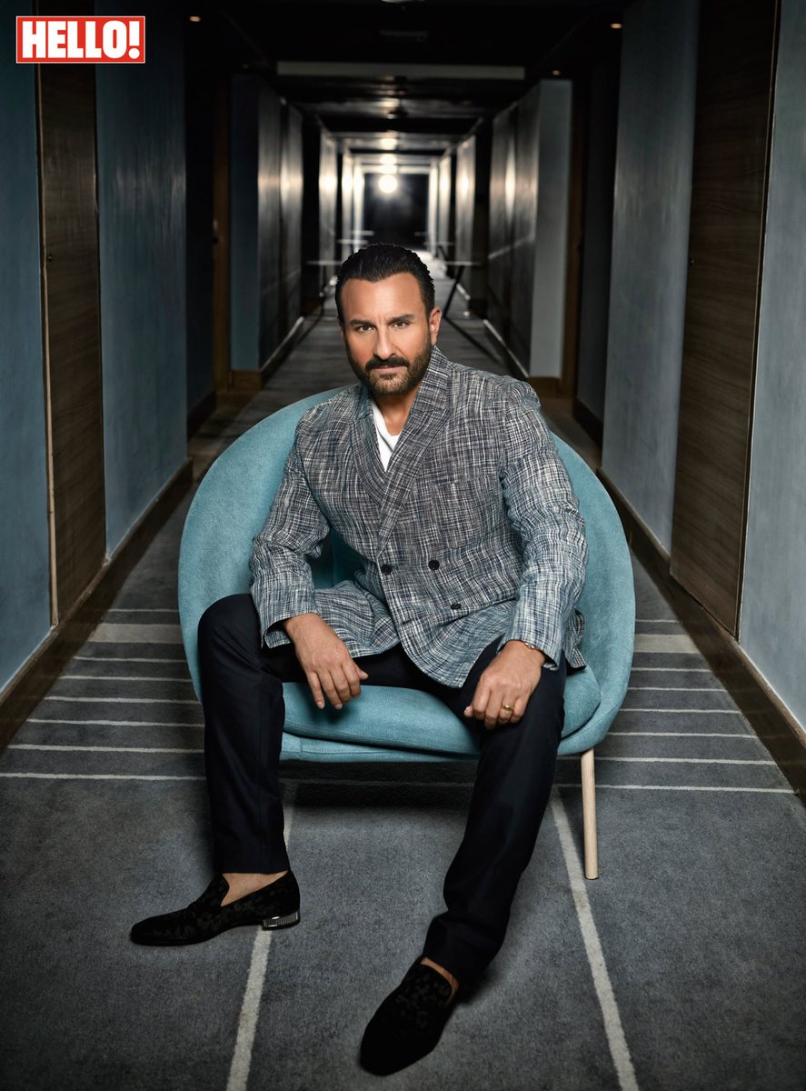 HELLOmagIndia's tweet photo. #HELLOCover: Charismatic and charming, #SaifAliKhan is dressed in an ikat double-breasted jacket from Rajesh Pratap Singh, with a pair of trousers from @ShantanuNikhil. He completes the look with Colonnaki Velvet loafers from @LouboutinWorld.
#DecemberCover #HELLOIndia https://t.co/z5qPWBSWDr